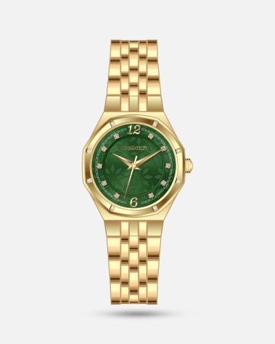 ساعة نسائية ستيل بلون ذهبي ميناء أخضر