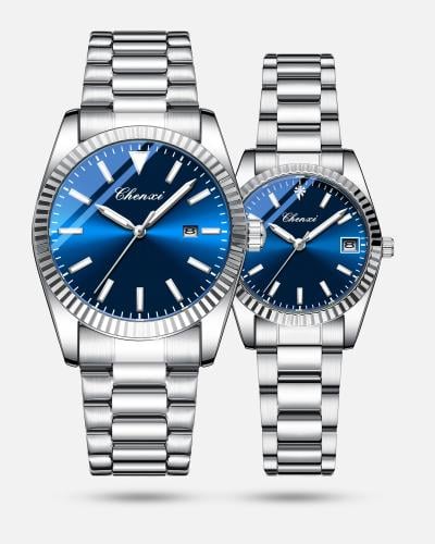 طقم مكون من ساعتين رجالية ونسائية باللون الفضي وال...