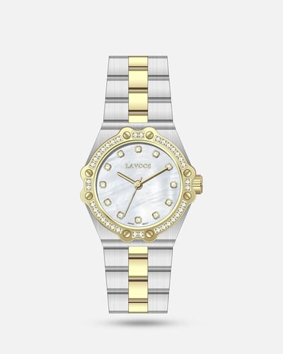 ساعة نسائية فخمة ستيل بلونين ميناء أبيض