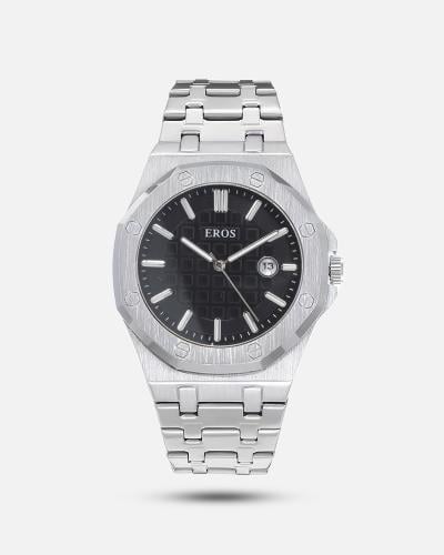 ساعة رجالية باللون الفضي والأسود