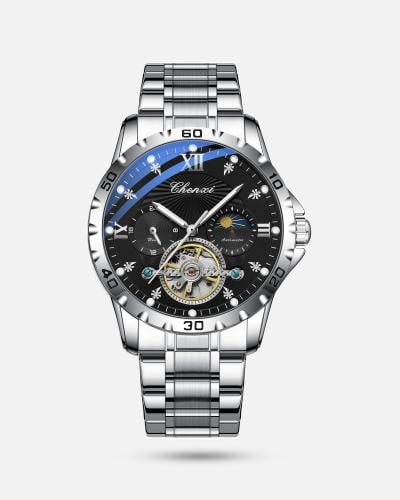 ساعة رجالية اوتوماتيك بلون فضي ميناء اسود