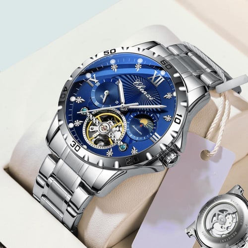 ساعة رجالية اوتوماتيك بلون فضي ازرق