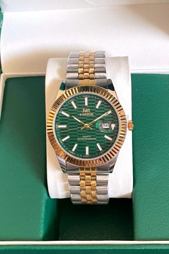 ساعة رجالية بتصميم كلاسيكي باللونين ميناء اخضر مقا...