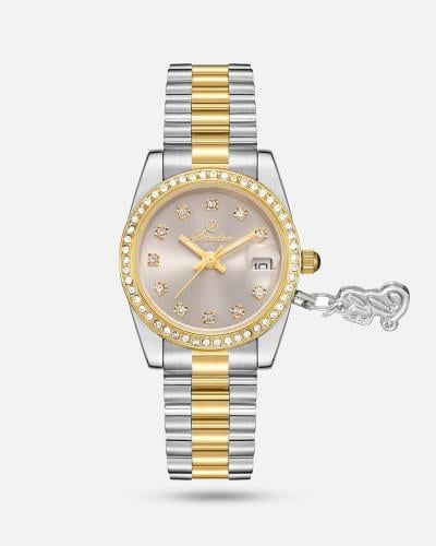 ساعة لفتة النسائية بتصميم راقي بلونين رمادي