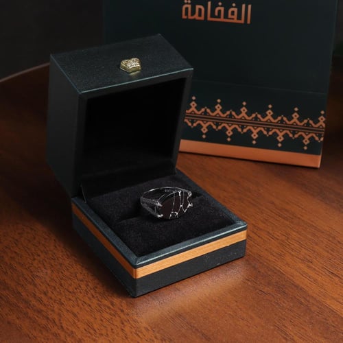 خاتم ملكي فضة عيار 925 بمقبض مُنقط - أسود معرق