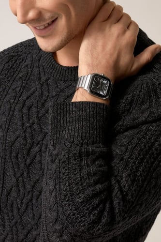 ساعة رجالية مربعة بلون فضي أسود