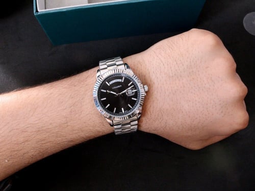 ساعة رجالي ستيل DAY DATE باللون الفضي والاسود