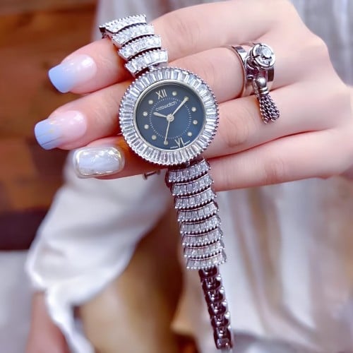 ساعة نسائية فضي ميناء كحلي بفصوص الزركون شبيه الأل...