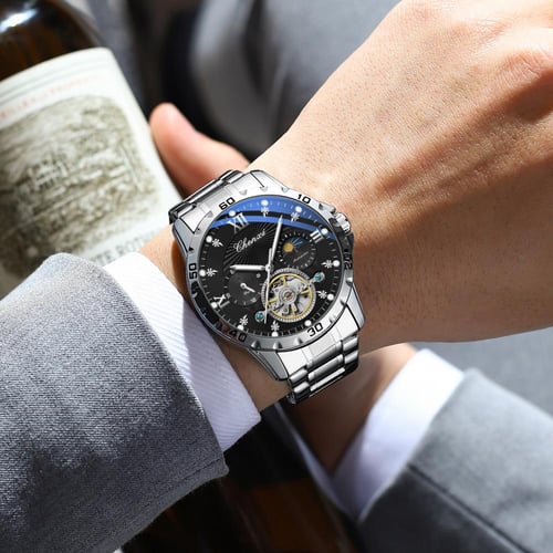 ساعة رجالية اوتوماتيك بلون فضي ميناء اسود