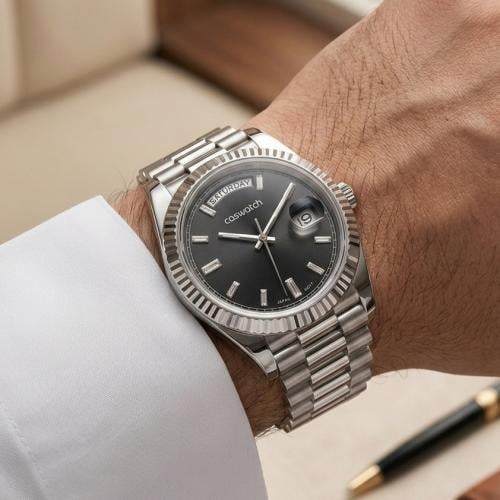 ساعة رجالي ستيل DAY DATE باللون الفضي والاسود