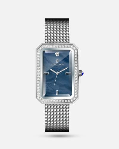 ساعة نسائية عملية ستيل بلون فضي ميناء أزرق