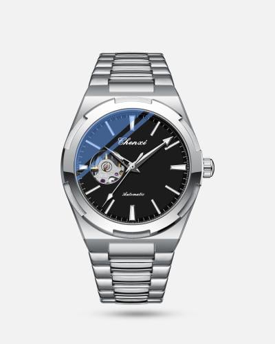 ساعة رجالية اوتوماتيك بلون فضي والاسود