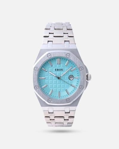 ساعة رجالية باللون الفضي والسماوي AP15