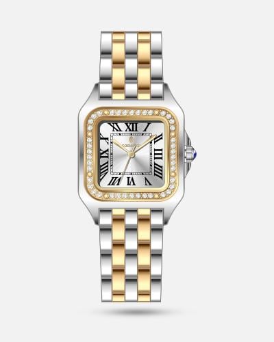 ساعة نسائية بسير ستيل بلونين ميناء فضي