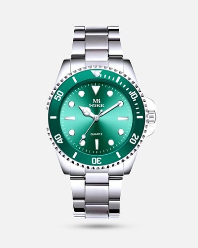 ساعة رجالية باللون الفضي والأخضر