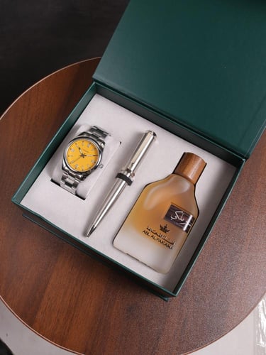 طقم هدية رجالي ساعة وقلم وعطر عنبر ملكي