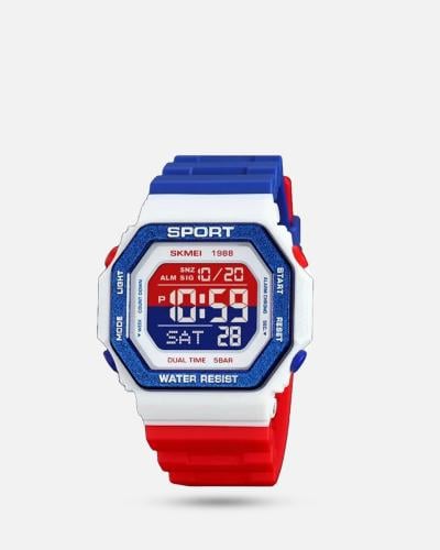 ساعة كاجوال شبابي باللونين الاحمر والازرق بتصميم ر...