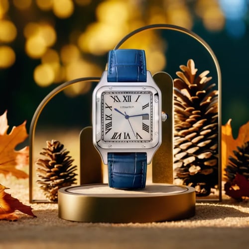 ساعة جلد مربع بلون ازرق