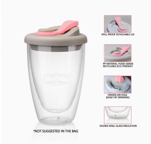 كوب شفاف طبقتين بغطاء بلاستيك رمادي / وردي 450 مل