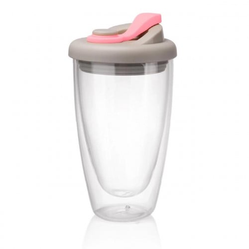 كوب شفاف طبقتين بغطاء بلاستيك رمادي / وردي 450 مل