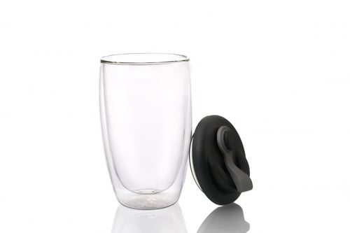 كوب شفاف طبقتين زجاج بغطاء بلاستيك أسود/ رمادي 500...