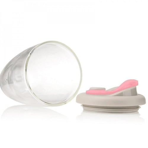 كوب شفاف طبقتين بغطاء بلاستيك رمادي / وردي 450 مل