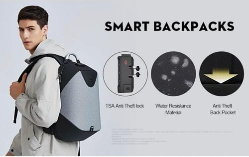 حقيبة ظهر لابتوب ذكية بقفل حماية ومنفذ USB لون رما...