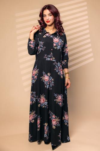 جلابية اسود صيفي ناعم من القطن البودرة بنقشة زهرية