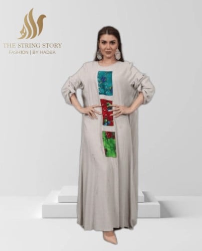 جلابية بقماش لينن مطرز بقماش تراثي