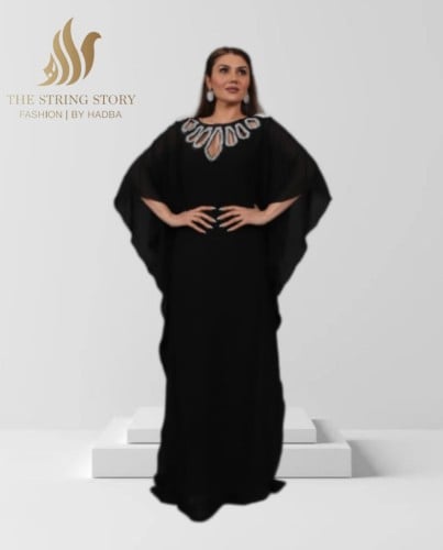 جلابيه سود شيفون مطرز بخرز اللؤلؤ