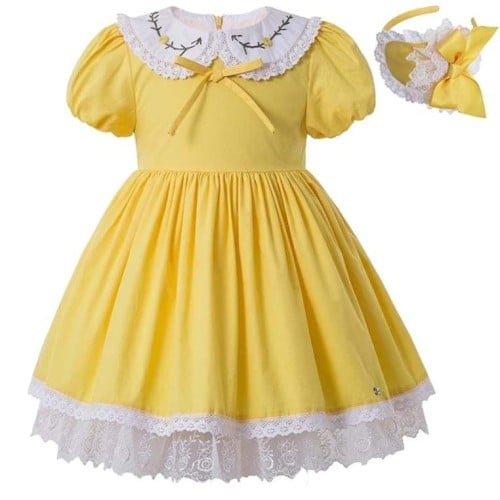 فستان بنات أسباني أصفر مع طوق