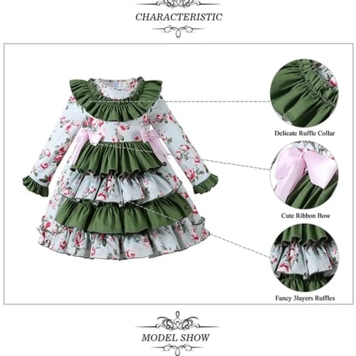 فستان بنات أسباني أخضر خريفي مع طوق