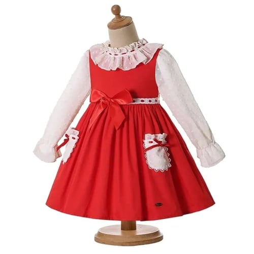 فستان بنات أسباني أحمر خريفي مع طوق