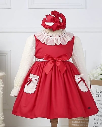 فستان بنات أسباني أحمر خريفي مع طوق