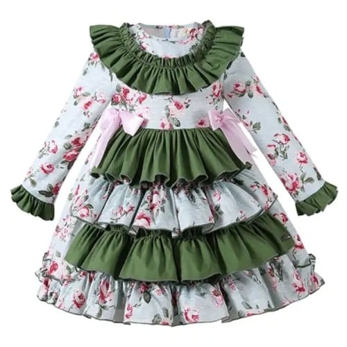 فستان بنات أسباني أخضر خريفي مع طوق