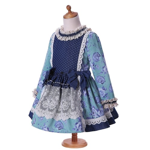 فستان بنات أسباني أزرق خريفي مع طوق