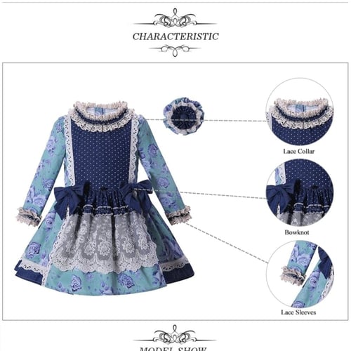 فستان بنات أسباني أزرق خريفي مع طوق