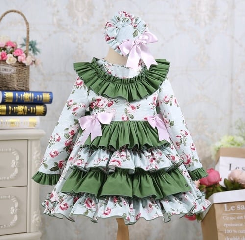 فستان بنات أسباني أخضر خريفي مع طوق