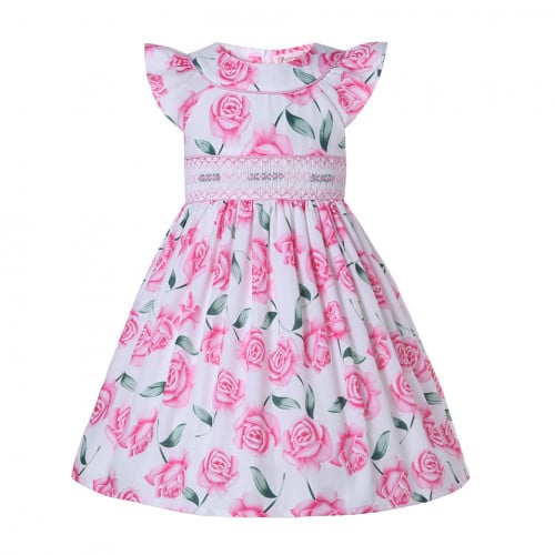 فستان بنات أسباني كلاسك أبيض مزهر