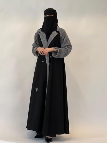 عبايه كتان مع كم وياقه صوف دبل كلوش