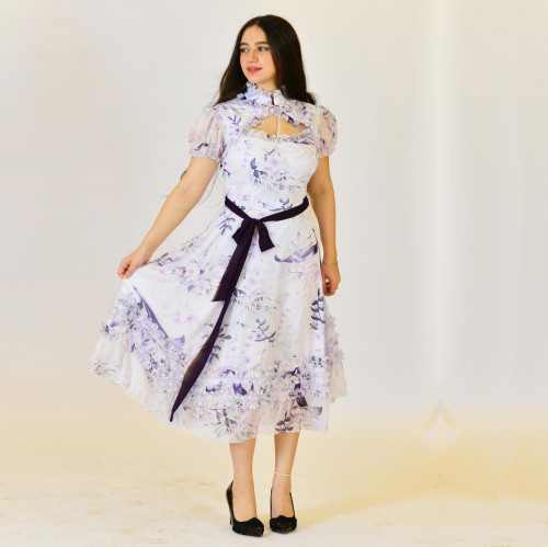 Dress with hair ribbon and mask in purple flower c...