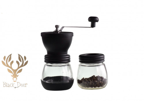 طاحونة يدوية مع و وعاء زجاجي للبُن