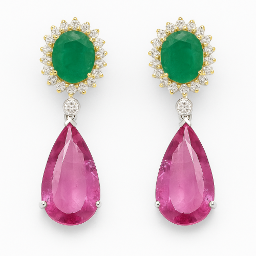 حلق الماس زمرد و روبي ذهب عيار 18