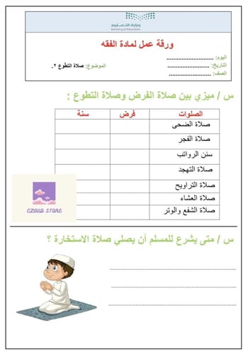 أوراق عمل الفقه ، أول متوسط