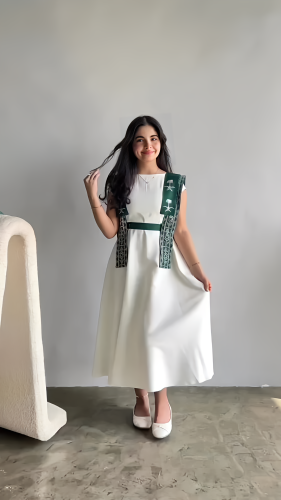 فستان بناتي لليوم الوطني السعودي 95 - ابيض مطرز