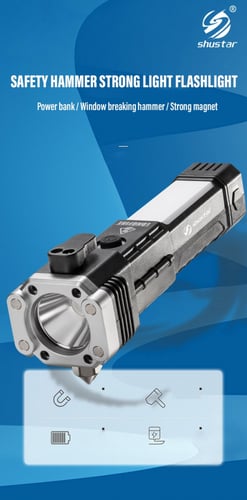 مصباح LED يدوي متنقل USB قابلة للشحن مع مطرقة لكسر...