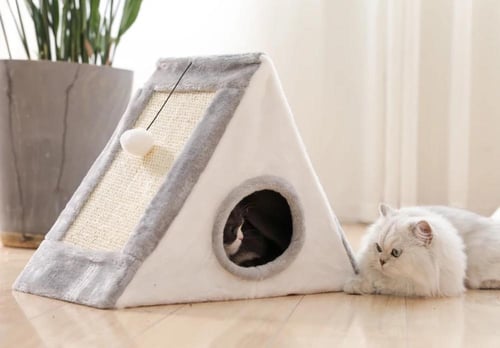 بيت قطه مع خداشة ولعبة للقطط على شكل مثلث