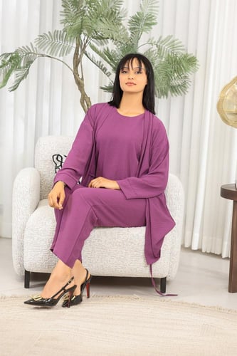 طقم نسائي كاجوال سادة 3 قطع جاكيت طويل مزود بحزام