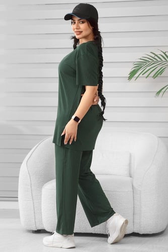 ترنج نسائي كاجوال ريب سادة تيشرت طويل بياقة دائرية...