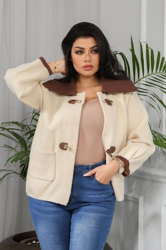 جاكيت شتوي كلاسيكي قصير انيق من الصوف ناعم بياقة ع...